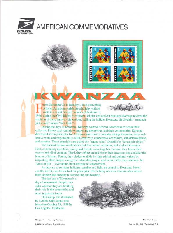 US CP591 Kwanzaa 3368 Commemorative Panel Mint