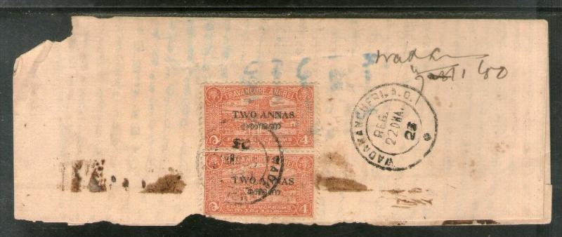 India Travancore Cochin State Surcharged Postage x2 Stamped Used Cover # 6342...