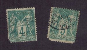 FRANCE Yvert 63-64 Used Faulty Set 4c-5c Green,greenish Type I F-VF Cat. $135