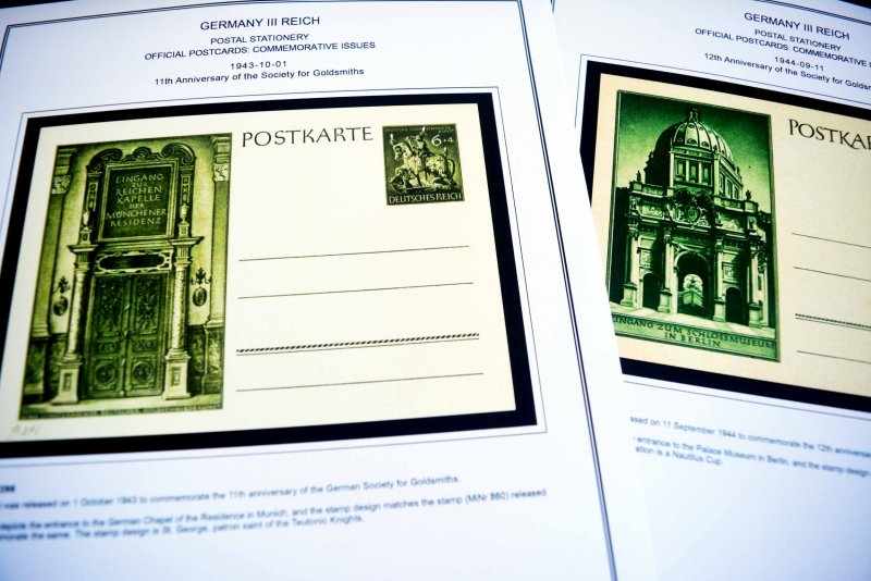 COLOR PRINTED GERMANY III REICH COMM. POSTCARDS STAMP ALBUM PAGES (91 ill. pgs.)