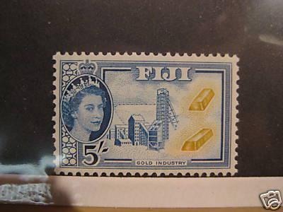 FIJI SC# 160 5sh Gold industry Blue sound stamp MLH