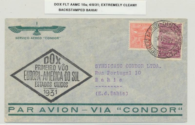 BRAZIL RIO TO BAHIA 1931 DOX FLIGHT COVER AAMC#10a VERY CLEAN WITH RECVR