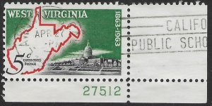 US #1232 used Plate # single.  West Virginia Statehood.      Nice.