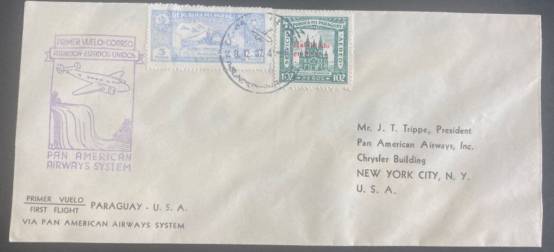 1937 Asuncion Paraguay First Flight Airmail Cover To New York USA Pan American 