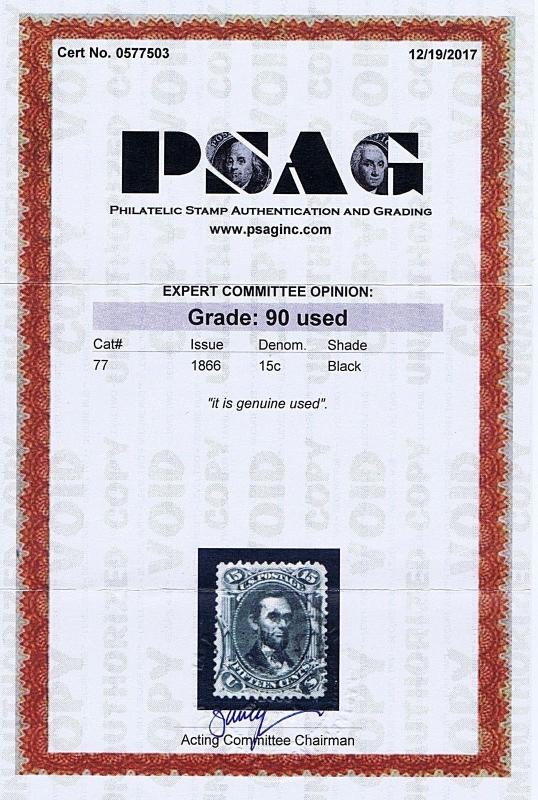 SC# 77 USED 15c LINCOLN, 1866, PARTIAL CANCELS, PSAG CERT GRADED XF 90 WOW