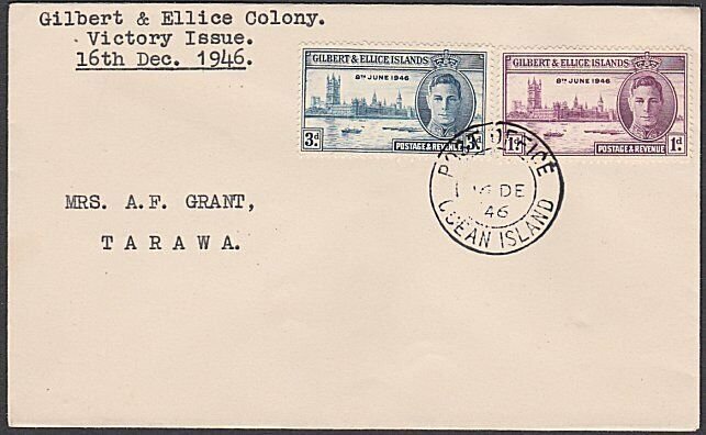 GILBERT & ELLICE IS 1946 Victory set on FDC - Ocean Island cds..............Q257