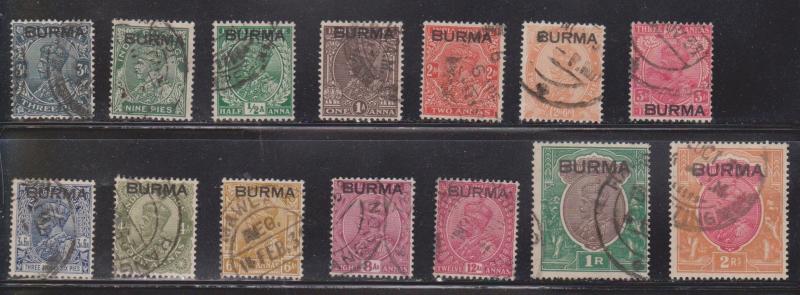 BURMA Scott # 1-14 Used - Stamps Of India Overprinted BURMA