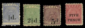 Fiji #49-52 Cat$245, 1891-92 Surcharges, set of four, hinged, 5p on 4p toned