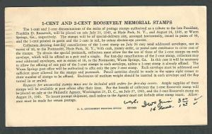 1945 PC U.S.P.O. ANNOUNCES 1c & 2c ROOSEVELT MEMORIAL STAMPS #930 & 931 SEE INFO
