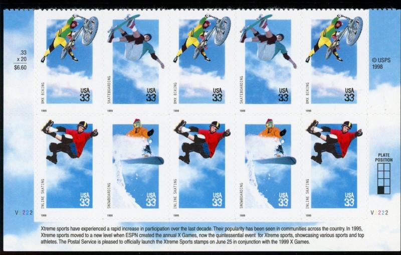 US  3321-24  Extreme Sports 33c - Lower Plate Block of 10 - MNH - V2222  LL