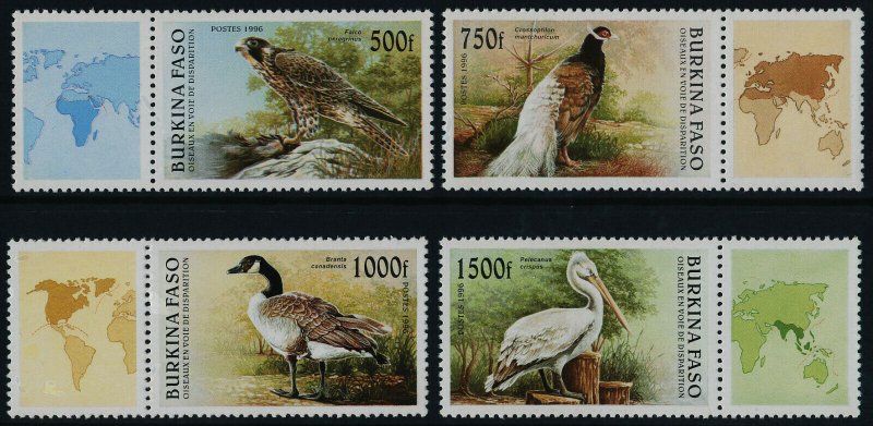 Upper Volta 1087-90 MNH Birds, Ducks, Falcon, Pelican, Map