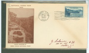 US 745 1934 6c crater lake, national park series, on an unaddressed fdc, picturing cliff canyon in mesa verde park, cachet maker