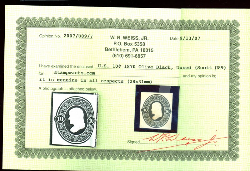 U89 MINT WEISS CERT FVF Cat $650