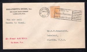 Bahamas 1929 Airmail to FL First Flight Cover franked 4p George V, Scott 52