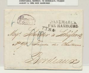 NORWAY 1835 CHRISTIANIA TO BORDEAUX FRANCE LETTER, GOOD MARKINGS (SEE BELOW)