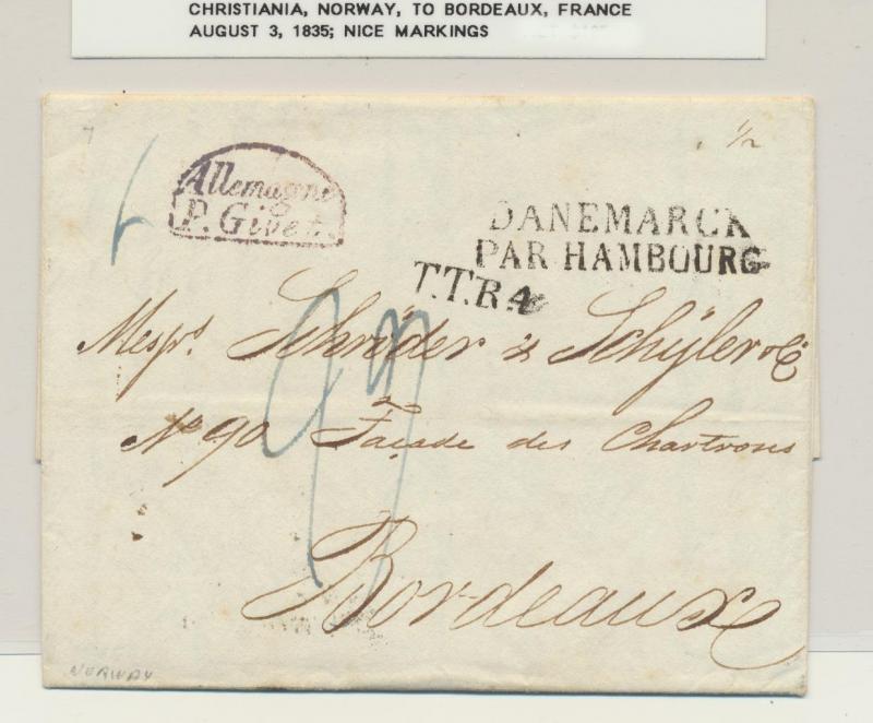 NORWAY 1835 CHRISTIANIA TO BORDEAUX FRANCE LETTER, GOOD MARKINGS (SEE BELOW)