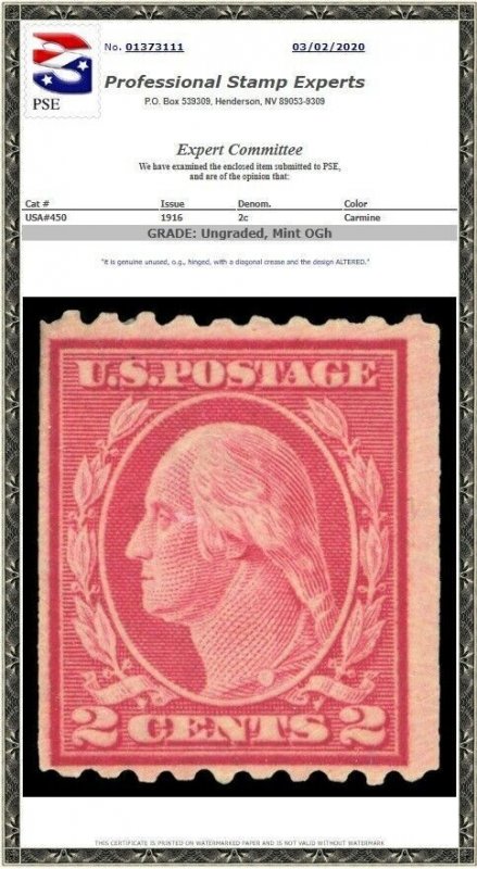 U.S. #449 Used Genuine w/ Crowe Certificate