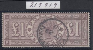 SG 186 £1 brown-lilac, watermark three orbs. Very fine used with a Kingstown... 
