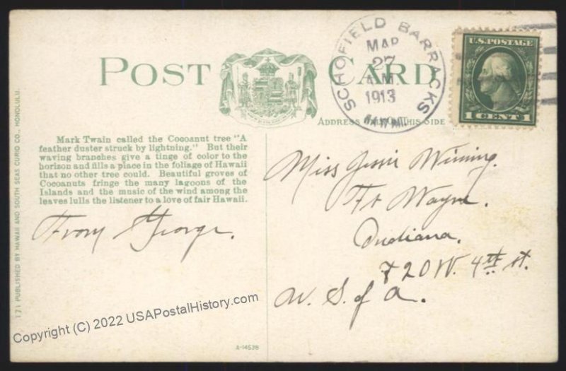 Hawaii USA 1913 Schofield Barracks DPO R2 Military Territorial Cover Coco 109150