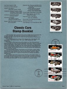 USPS SOUVENIR PAGE CLASSIC CARS STAMP BOOKLET (5) 1988