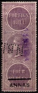 1904 India Revenue 1 Anna Over 4 Rupees Queen Victoria Foreign Bill Used Perfin