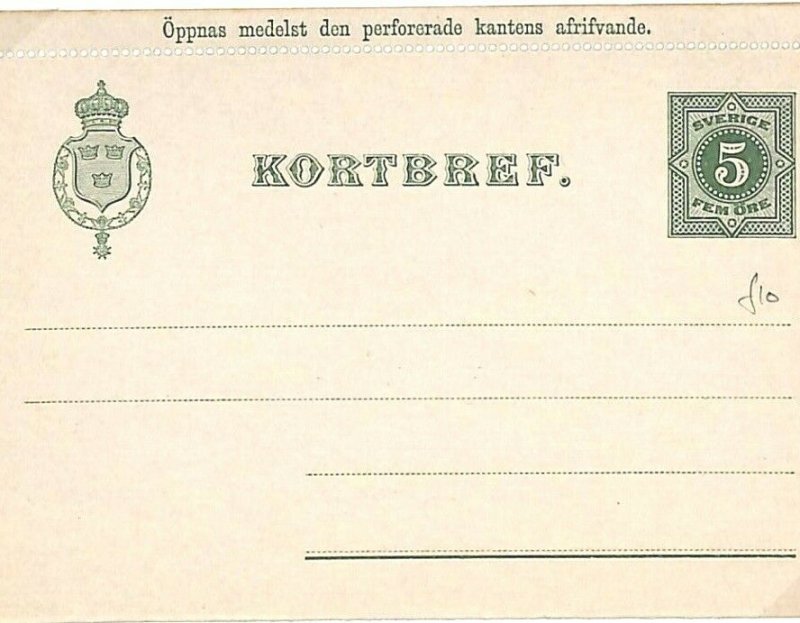 Sweden Unused Postal Stationery LETTER-CARD 5 Ore {samwells-covers} L108