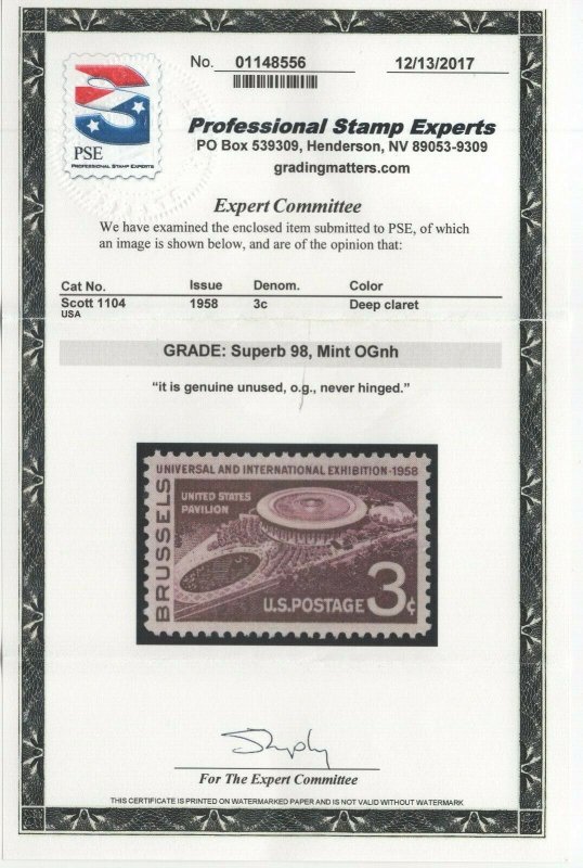 #1104 Graded Superb 98 Mint OG NH w/PSE Cert. SMQ $55 (JH 7/27)