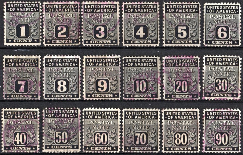 PN1-18 1¢ - 90¢ Postal Note Stamps: Complete Set (1945) Used