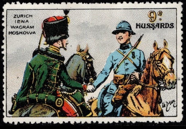 1914 WW One France Delandre Poster Stamp 9th Hussars Light Cavalry Unused