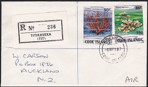 COOK IS 1987 Registered cover with scarce TITIKAVEKA reg label.............B1759