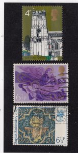 Great Britain 1972-76 4p Church, 6 1/2p Angels & Embroidery, Scott 672, 758, 798