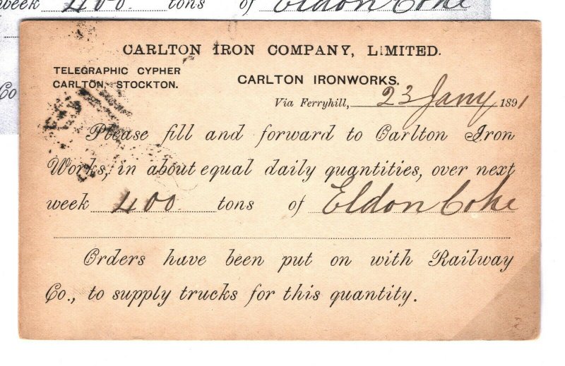 GB Card County Durham *IRON WORKS CARLTON* Duplex Relevant Card 1891 60.11