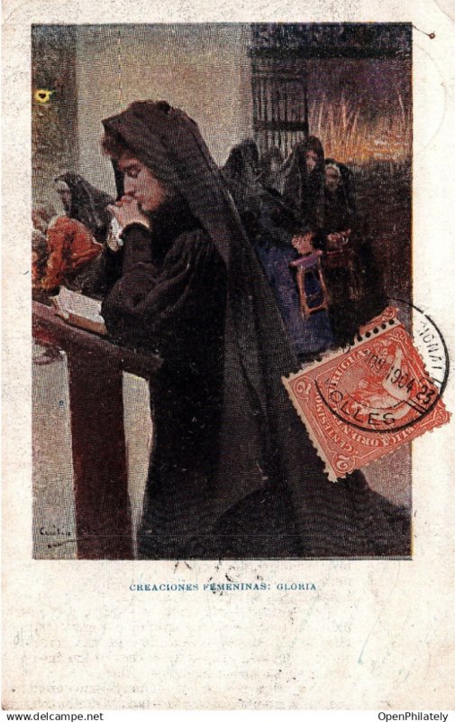 Uruguay 1904 Molles postmark postcard Blanco y Negro art nouveau woman caligr...