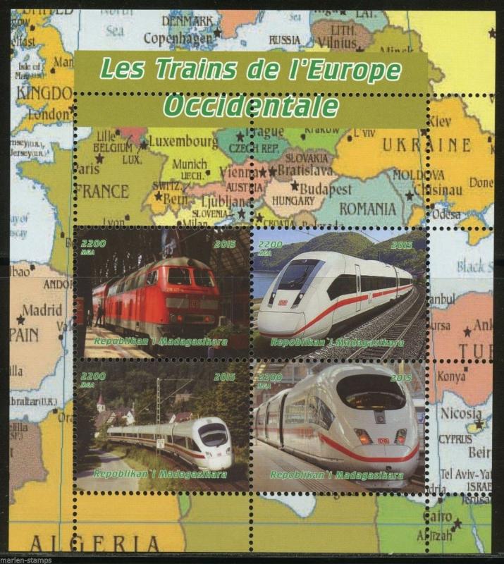 MADAGASCAR 2015  TRAINS OF OCCIDENTAL EUROPE  SHEET OF FOUR  MINT NH