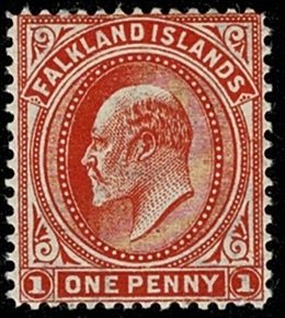 FALKLAND ISLANDS KE VII 1904-12 1d VERMILION UNUSED (MH) SG44e Wmk.MC CA P14 VGC