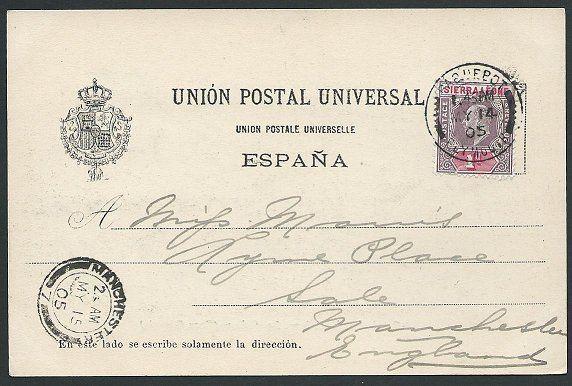 SIERRA LEONE 1905 EVII 1d on Las Palmas postcard PAQUEBOT / PLYMOUTH cds...46147