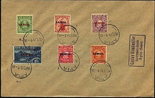 SAMOA 1915 Opts on NZ EVII to 1/- on cover ex Apia.........................20289