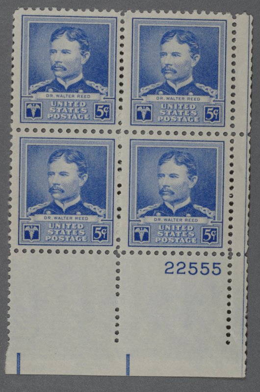 United States #877 MNH VF/XF Plate Block Gum VF Dr Walter Reed