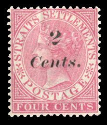 Straits Settlements #61 Cat$100, 1883 2c on 4c rose, hinged