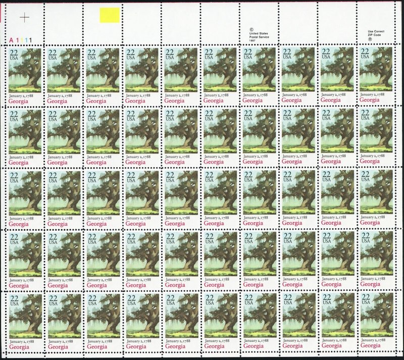 Georgia Statehood Sheet of Fifty 22 Cent Postage Stamps Scott 2339