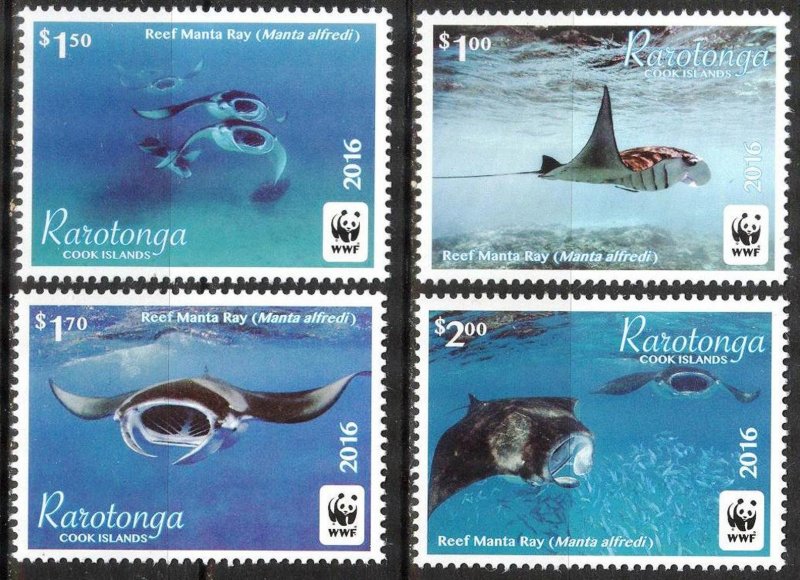 Rarotonga Cook Islands 2016 WWF Fishes Reef Manta Ray set of 4 MNH