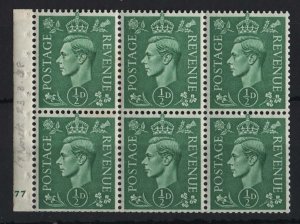 GB 1941 Light colours ½d cyl E77 no dot booklet pane of 6 fine mint, goodish p