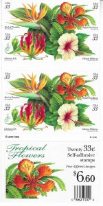 US #3313b  33c Tropical Flowers booklet pane of 20 (MNH) CV $31.00