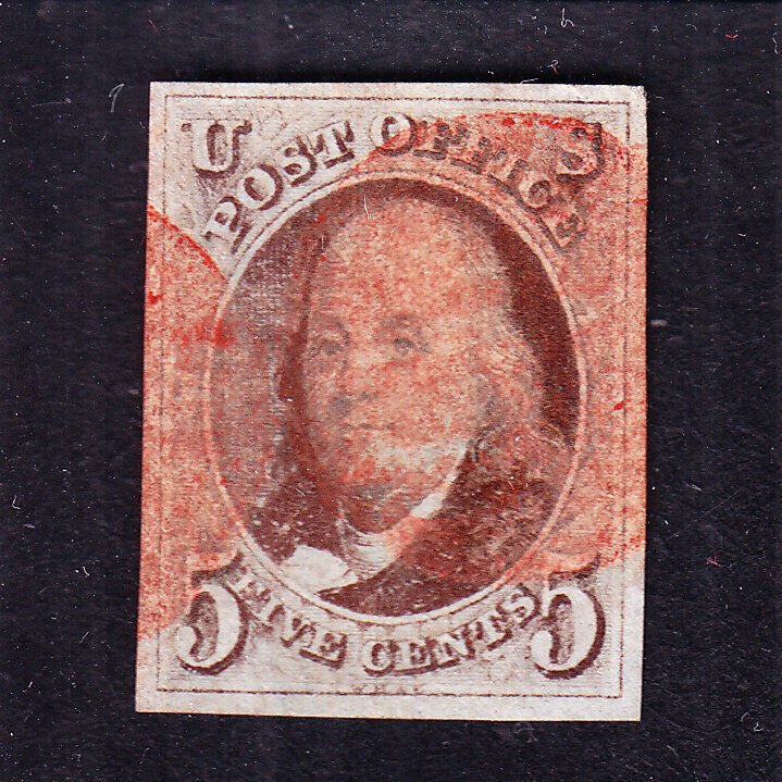 US 1 5c Franklin Used w/ 4 Margins and Red Cork Cancels XF SCV $500 