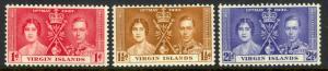 BRITISH VIRGIN ISLANDS 1937 KGVI CORONATION Set Sc 73-75 MH