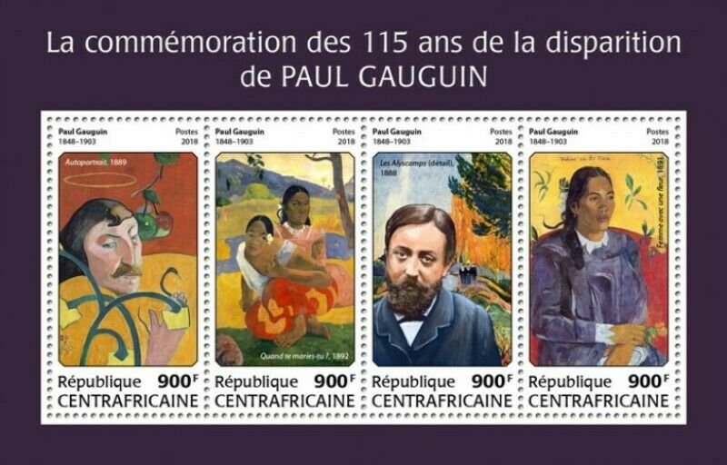 Central Africa - 2018 Paul Gauguin - 4 Stamp Sheet - CA18211a