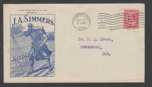 Canada Sc 90 on 1908 J.A. Simmers Seeds Advertising Cover depicts Sower, fresh