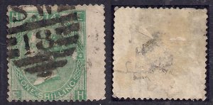 GB 1865 QV 1/-d Green Plate 4  pmk SG 18 SG 101 CV £275. ( R387 )