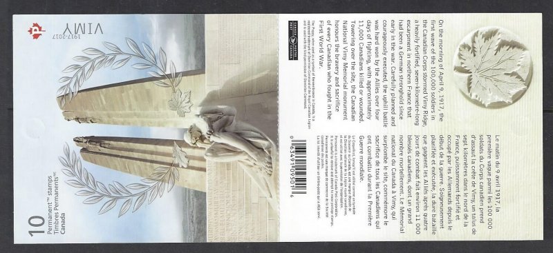 Canada #2982a MNH Bklt. #666, Battle of Vimy Ridge, issued 2017