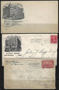 US 1898 THREE HOTEL COVERS SAVERY HOUSE HOTEL MORGAN BOTH DES MOINE IOWA &